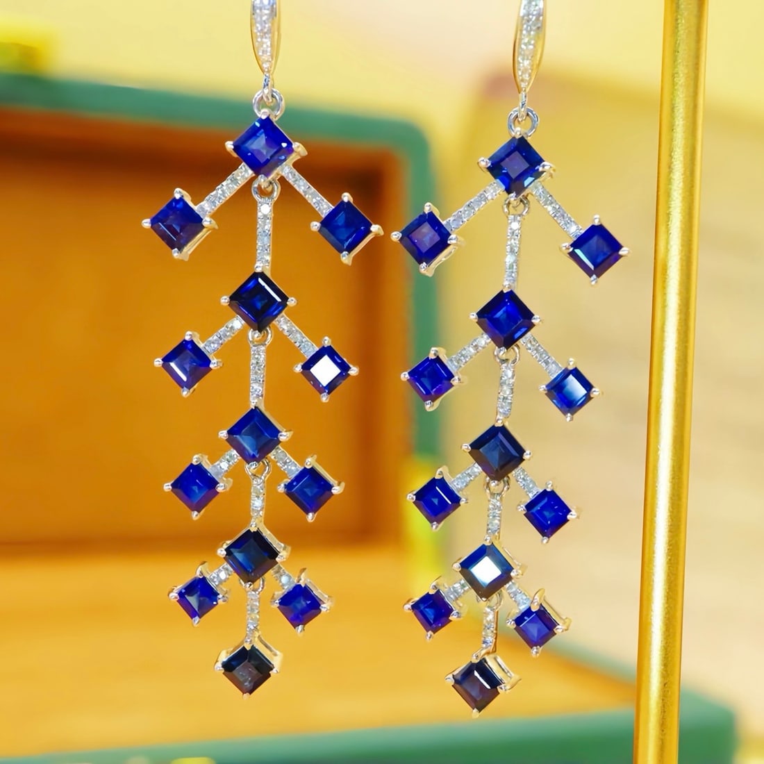 14k Gold 5.63 Ctw Natural Sapphire & Diamond Earrings: Ref:231126349 // gold content:14k gold // main gemstone:sapphire // shape:square // carat weight:5. 39ct // color:royal blue // treatment:natural // // adjacent gemstone 2 : diamond // number of stone