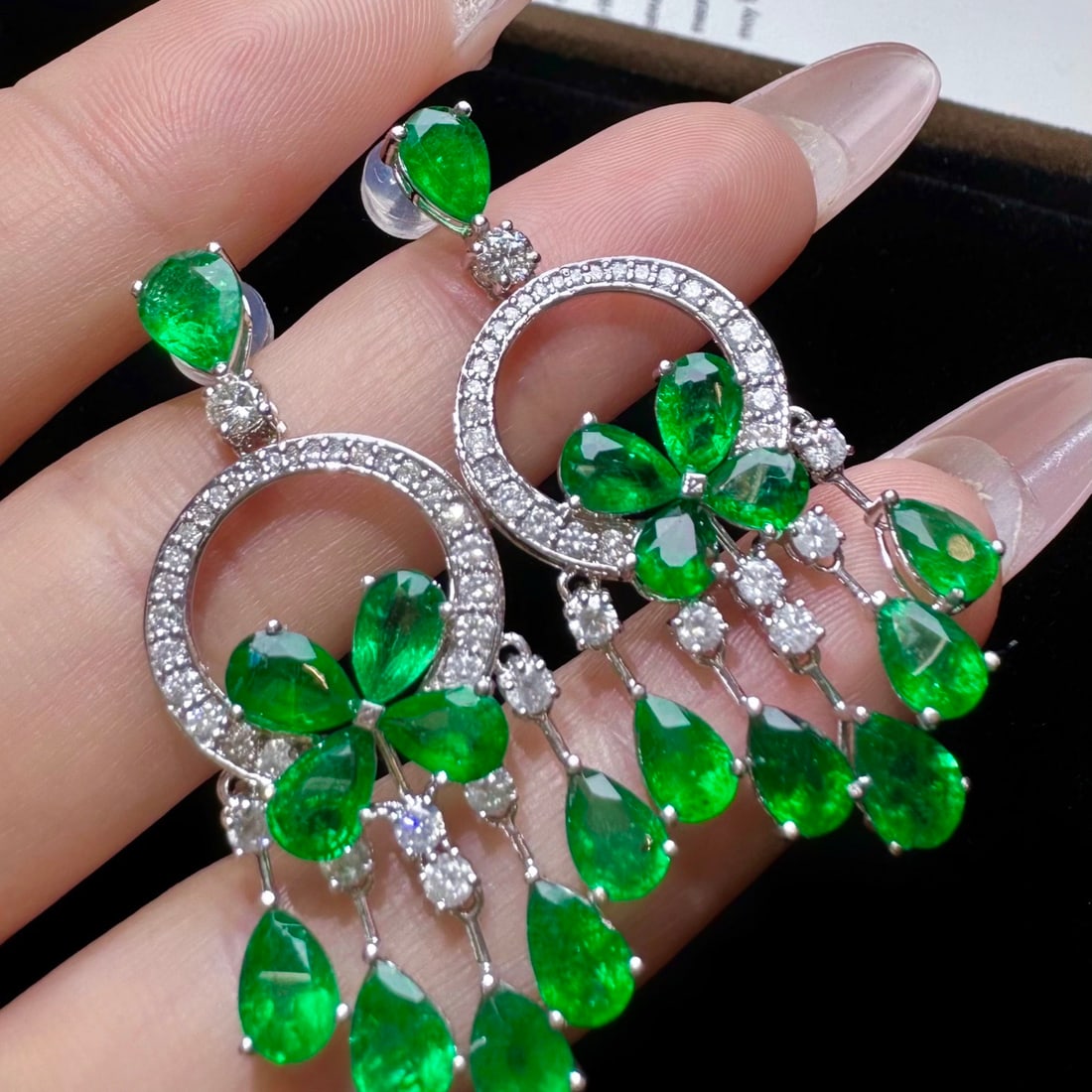 14k Gold 8.45 Ctw Vivid Green Natural Emerald & Diamond Earrings - 4