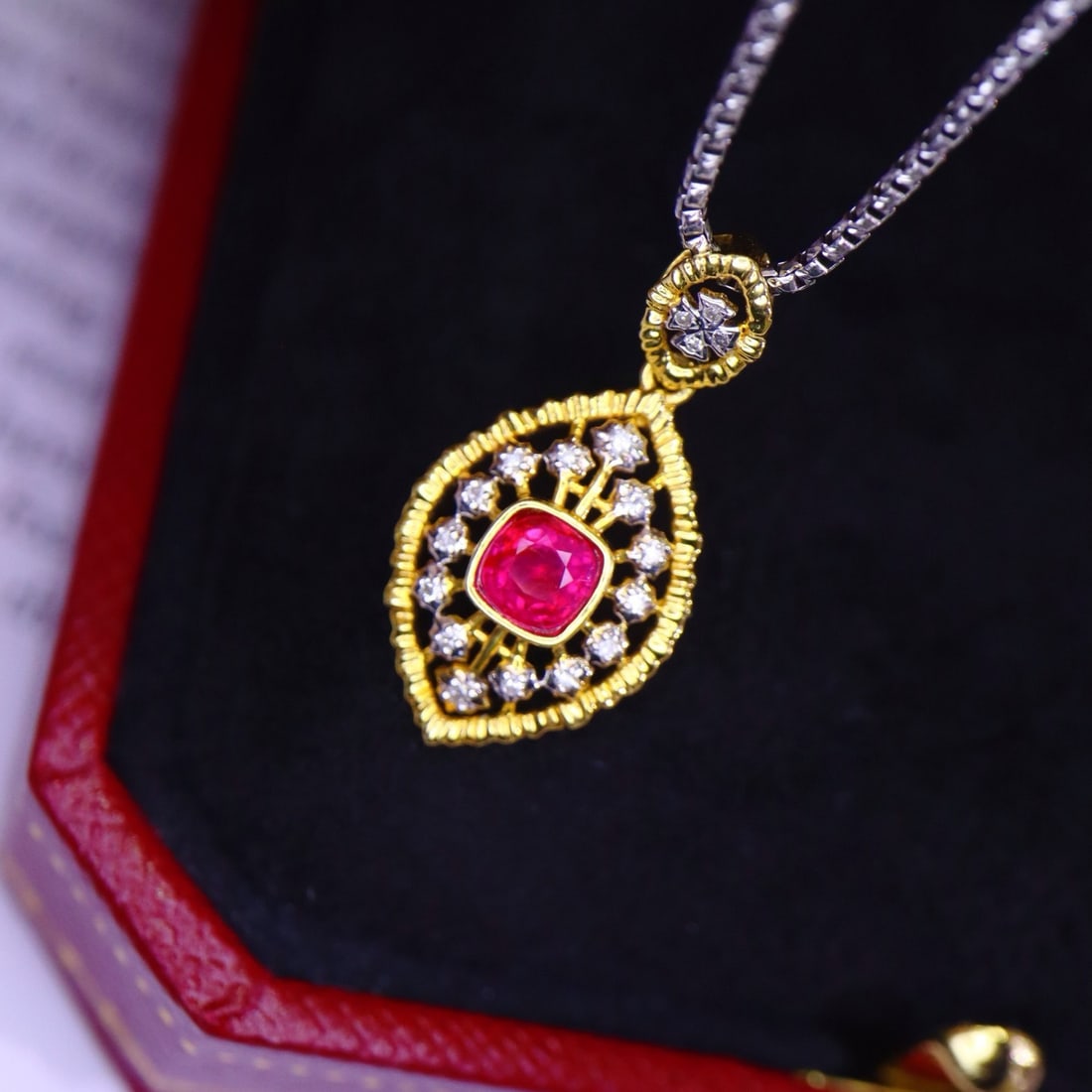 14k Gold 0.39 Ctw Natural Ruby & Diamond Pendant( Without Chain ): Ref:231126370 // gold content:14k gold // main gemstone:ruby // shape:cushion // carat weight:0. 3ct // color:red // treatment:natural // // adjacent gemstone 2 : diamond // shape:round // carat weigh