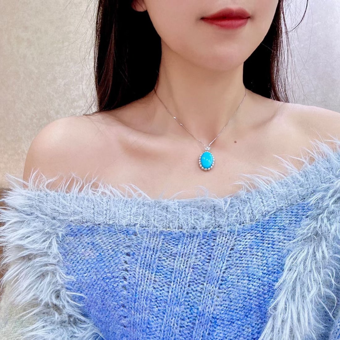 14k Gold 7.52 Ct Natural Blue Turquoise & Diamond Pendant( Without Chain ) - 4