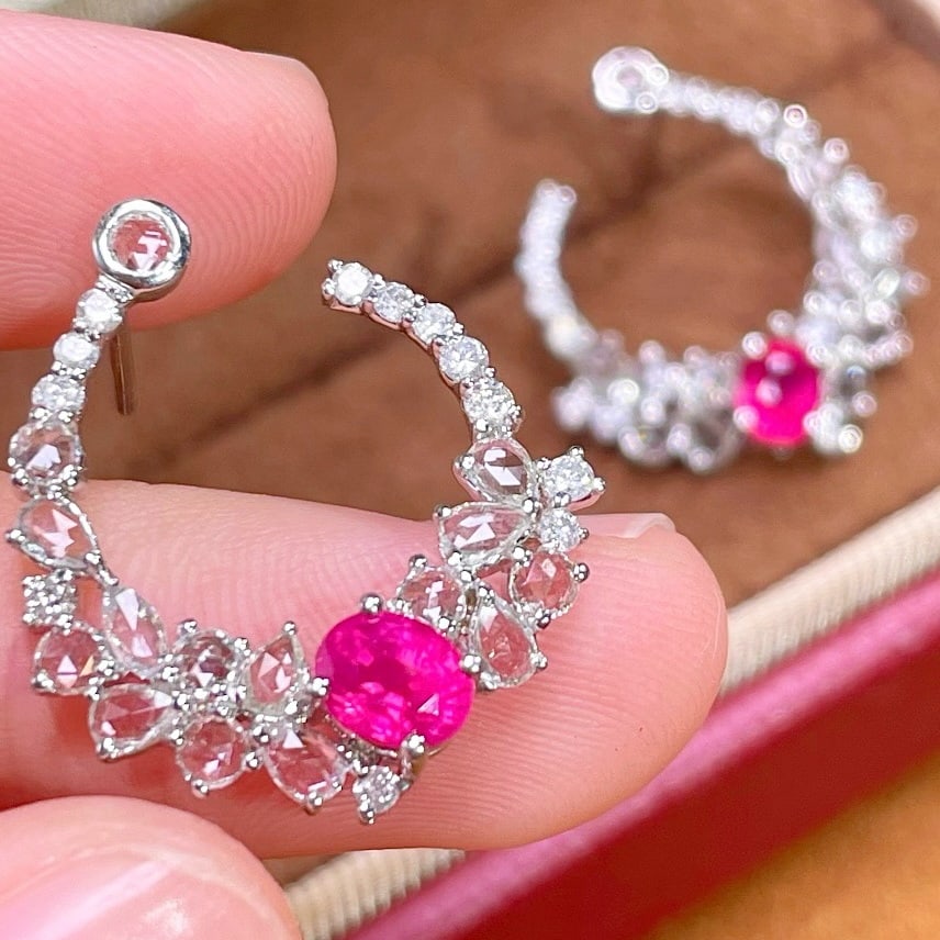 14k Gold 1.3 Ct Natural Ruby & Diamond Earrings - 4