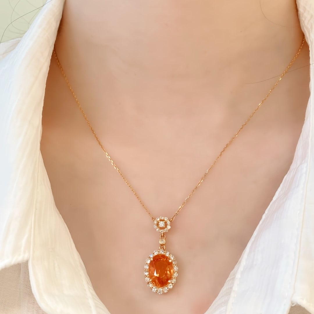 14k Gold 3.31 Ctw Natural Spessartine & Diamond Necklace - 7