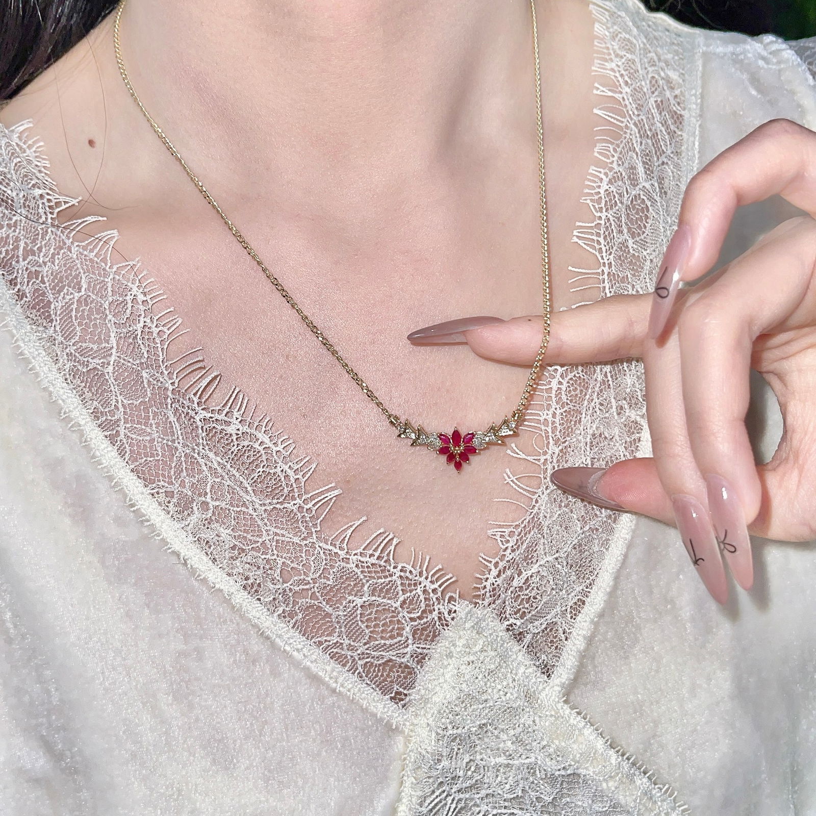 14k Gold 1 Ct Natural Ruby & Diamond Necklace - 2