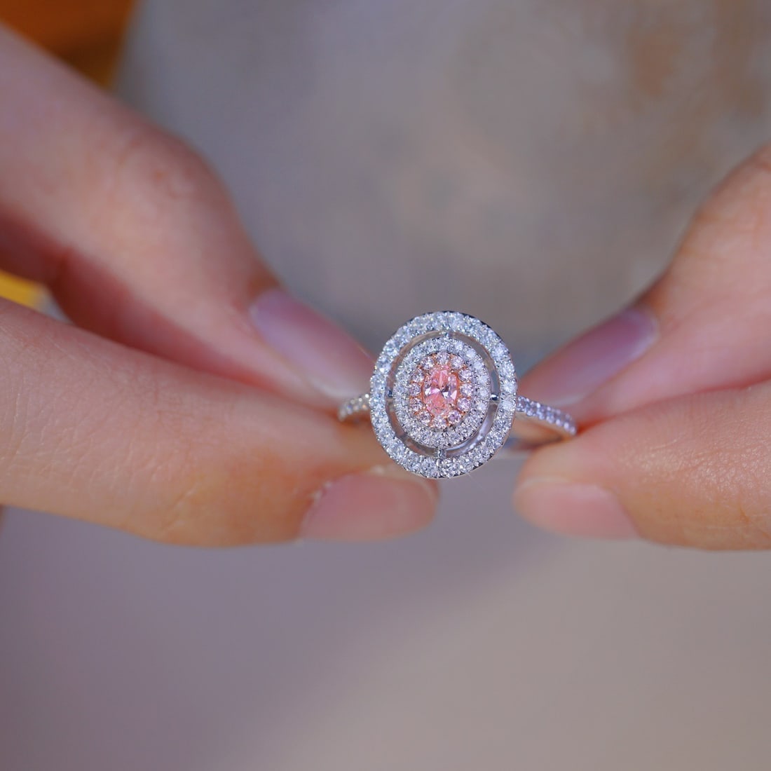 14k Gold 0.55 Ctw Natural Pink Diamond & Diamond Ring: Ref:231126427 // gold content:14k gold // ring size:7. 25us // // main gemstone:pink diamond // shape:oval // carat weight:0. 14ct // color:pink // treatment:natural // // adjacent gemstone 2 :