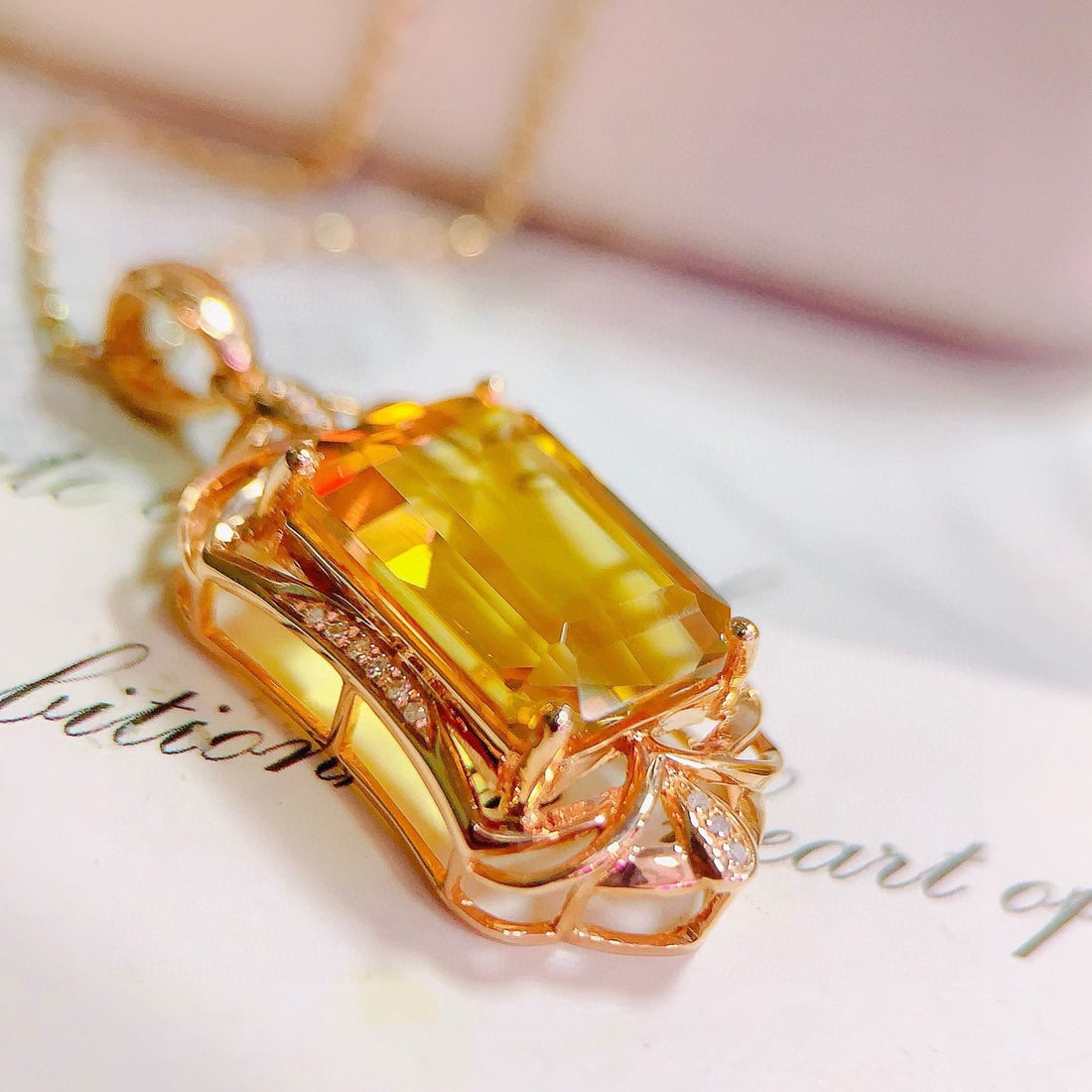 14k Gold 7.30 Ctw Natural Citrine & Diamond Pendant( Without Chain ) - 2