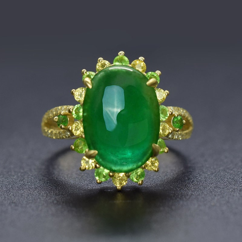 14k Gold 5.21 Ctw Natural Emerald & Sapphire Ring: Ref:231139031 // gold content:14k gold // ring size:7. 25us // // main gemstone:emerald // shape:oval // carat weight:5. 02ct // color:green // treatment:natural // // adjacent gemstone 2 :
