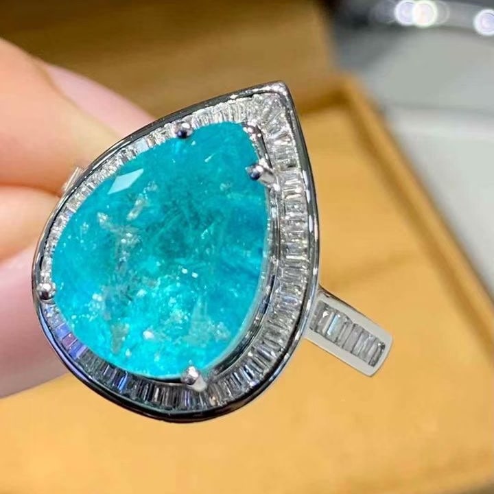 14k Gold 7.3 Ct Natural Paraiba Tourmaline & Diamond Ring - 2