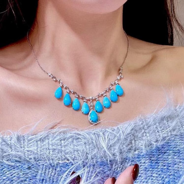 14k Gold 24.76 Ctw Natural Blue Turquoise & Diamond Necklace - 3