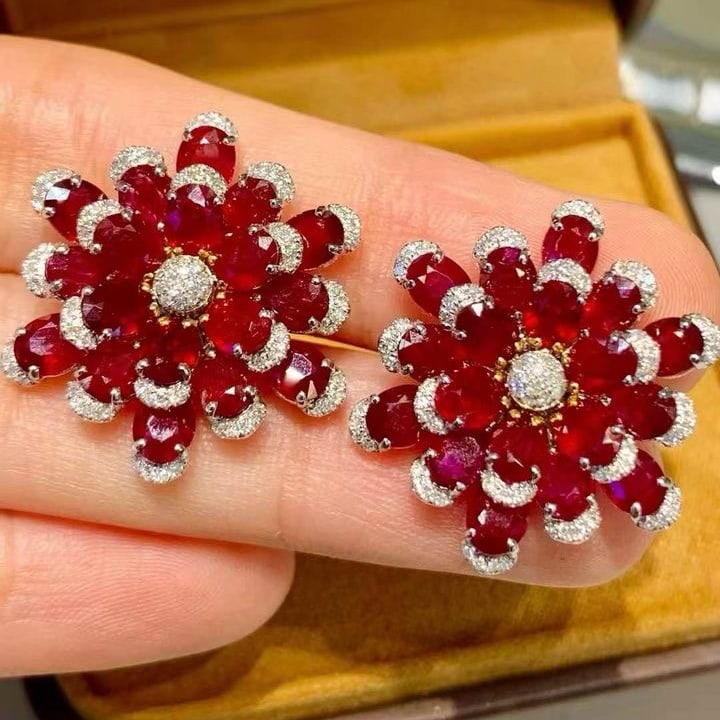 14k Gold 11.25 Ct Natural Ruby & Diamond Earrings - 2