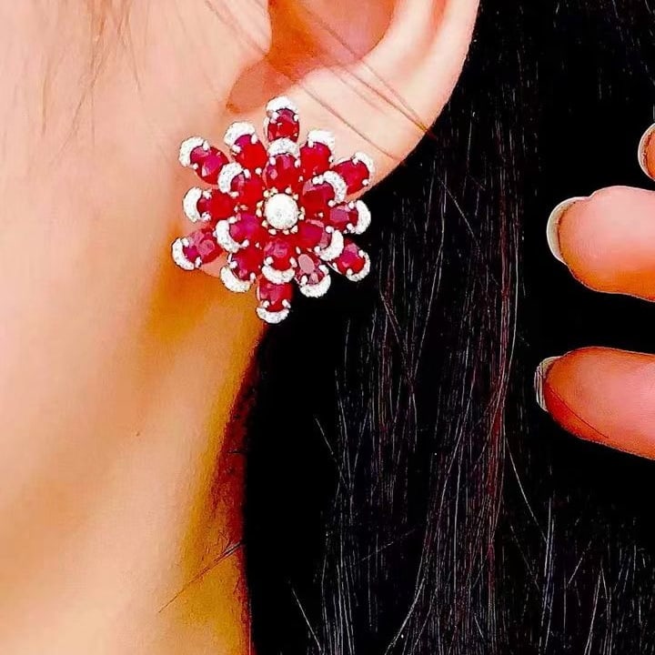 14k Gold 11.25 Ct Natural Ruby & Diamond Earrings - 3