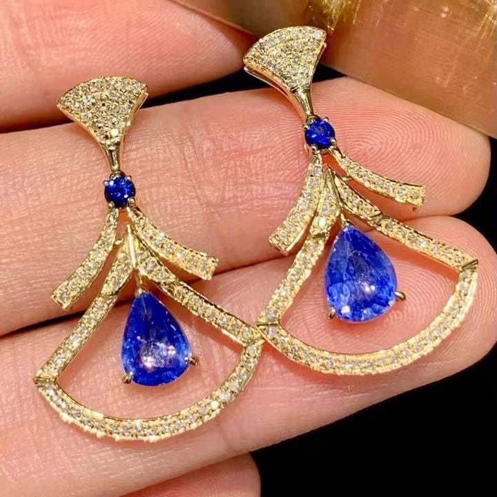 14k Gold 1.6 Ct Natural Sapphire & Diamond Earrings - 2