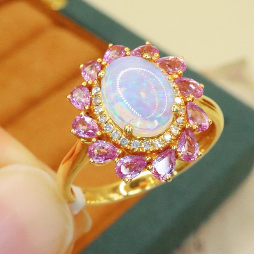 14k Gold 0.80 Ctw Natural Opal & Diamond Ring - 2