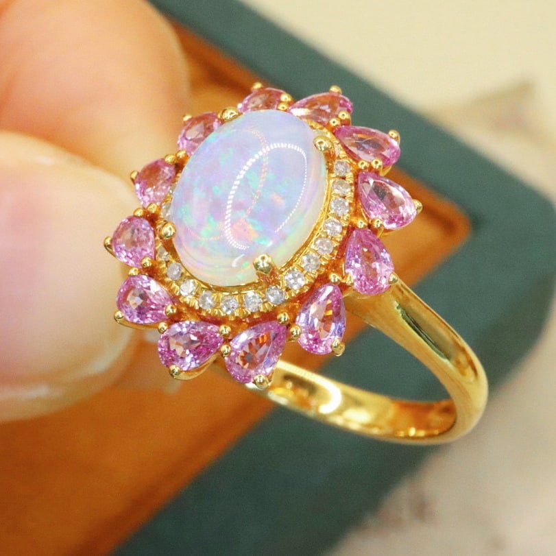 14k Gold 0.80 Ctw Natural Opal & Diamond Ring - 4