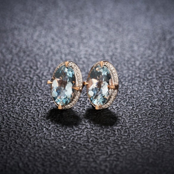 14k Gold 3.66 Ct Natural Aquamarine & Diamond Earrings - 2