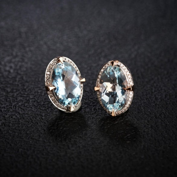 14k Gold 3.66 Ct Natural Aquamarine & Diamond Earrings - 7