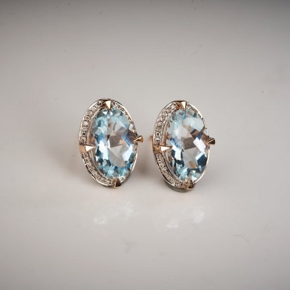 14k Gold 3.66 Ct Natural Aquamarine & Diamond Earrings - 8