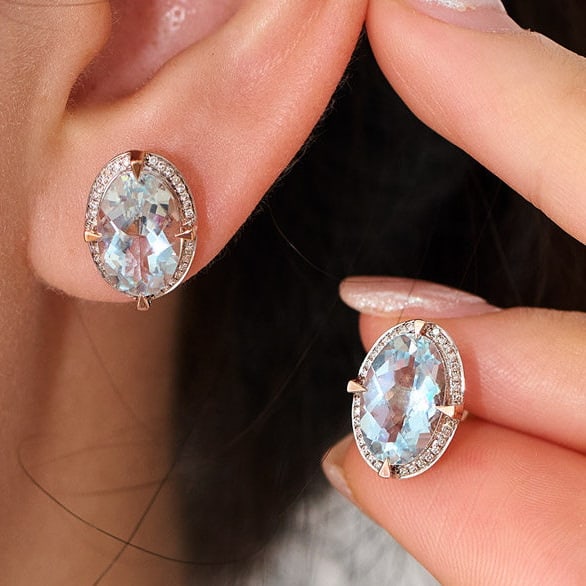 14k Gold 3.66 Ct Natural Aquamarine & Diamond Earrings - 9