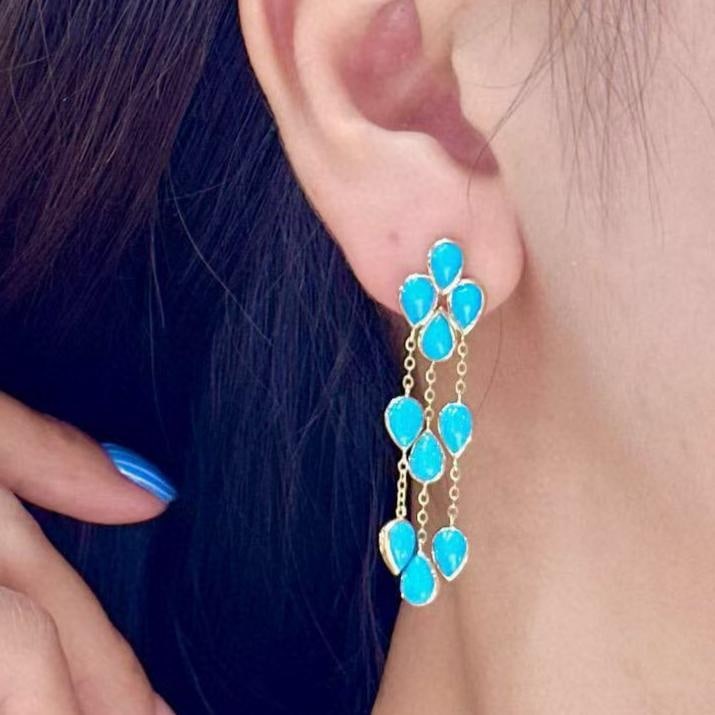 14k Gold 8.0 Ct Natural Blue Turquoise Earrings - 2