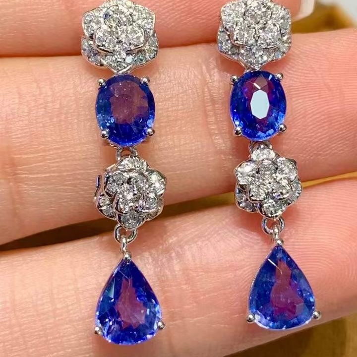 14k Gold 3.5 Ct Natural Sapphire & Diamond Earrings - 2