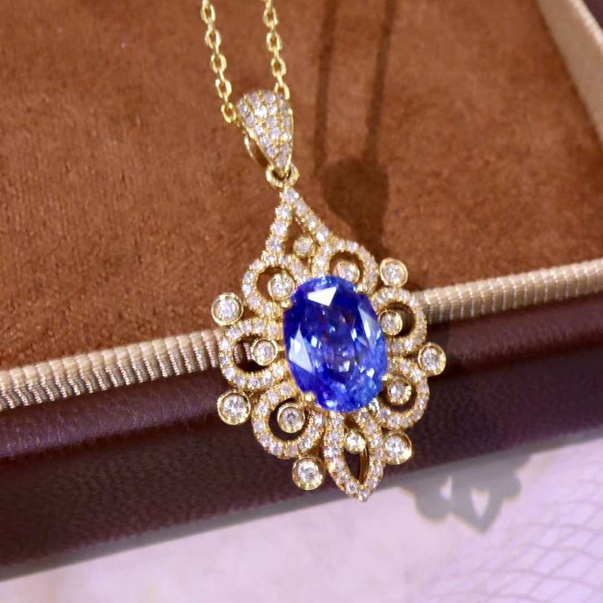 14k Gold 2.98 Ctw Natural Sapphire & Diamond Pendant( Without Chain ) - 2