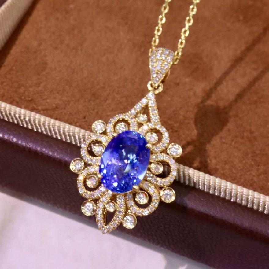 14k Gold 2.98 Ctw Natural Sapphire & Diamond Pendant( Without Chain ) - 3
