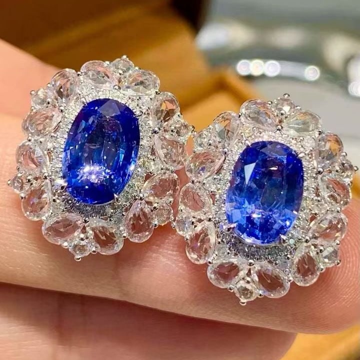 14k Gold 3.65 Ct Natural Sapphire & Diamond & Sapphire Earrings - 3