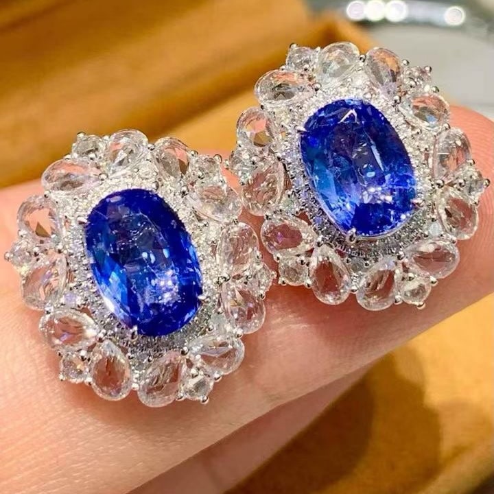 14k Gold 3.65 Ct Natural Sapphire & Diamond & Sapphire Earrings - 4