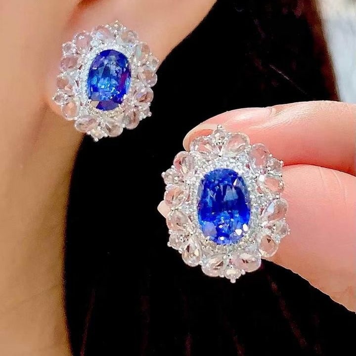 14k Gold 3.65 Ct Natural Sapphire & Diamond & Sapphire Earrings - 5