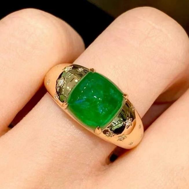 14k Gold 3.01 Ct Natural Emerald & Diamond Ring: Ref:231139128 // gold content:14k gold // ring size:7. 25us // // main gemstone:emerald // shape:sugar-loaf // carat weight:3. 01ct // color:green // treatment:natural // // adjacent gemstone 2 :