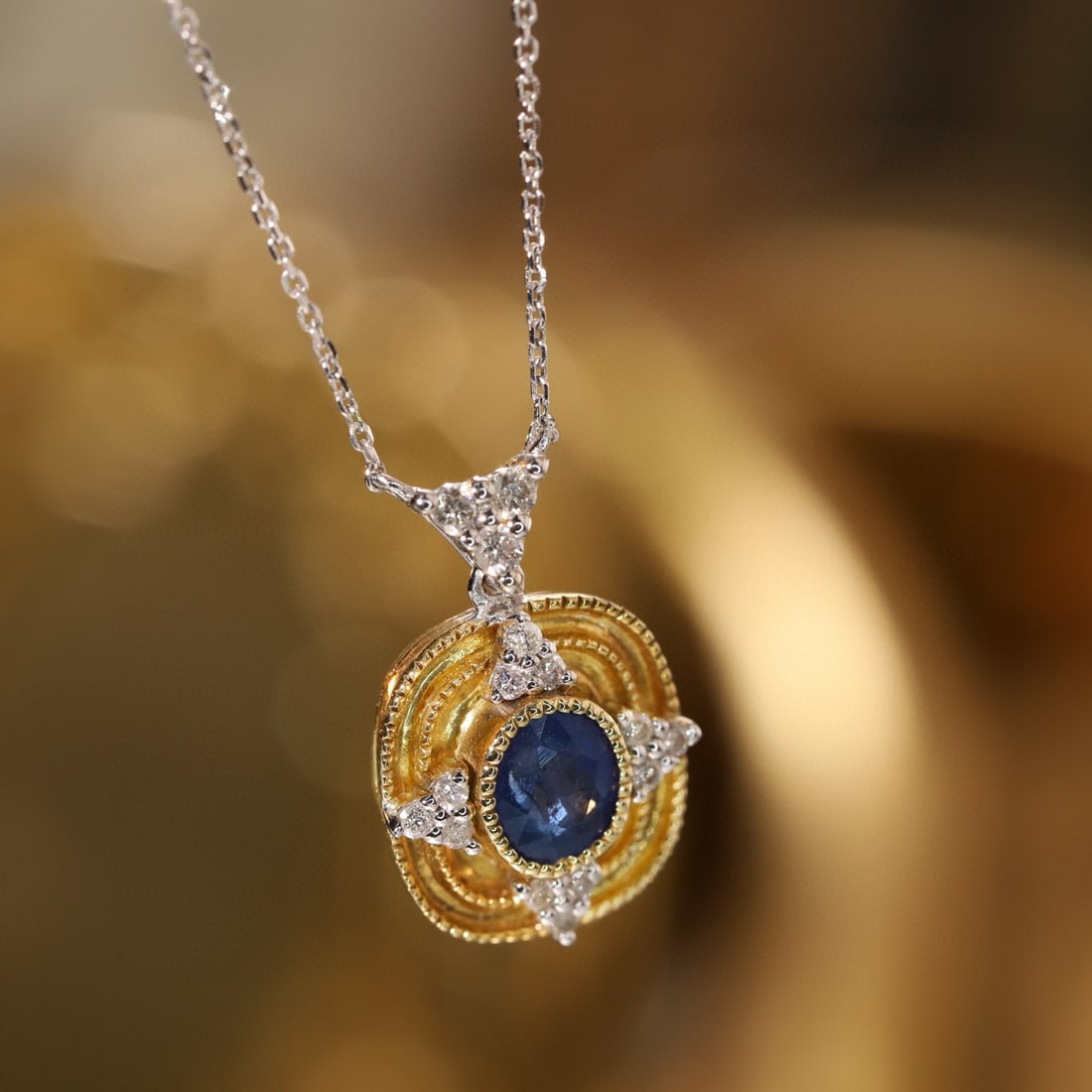 14k Gold 0.62 Ctw Natural Sapphire & Diamond Necklace - 2