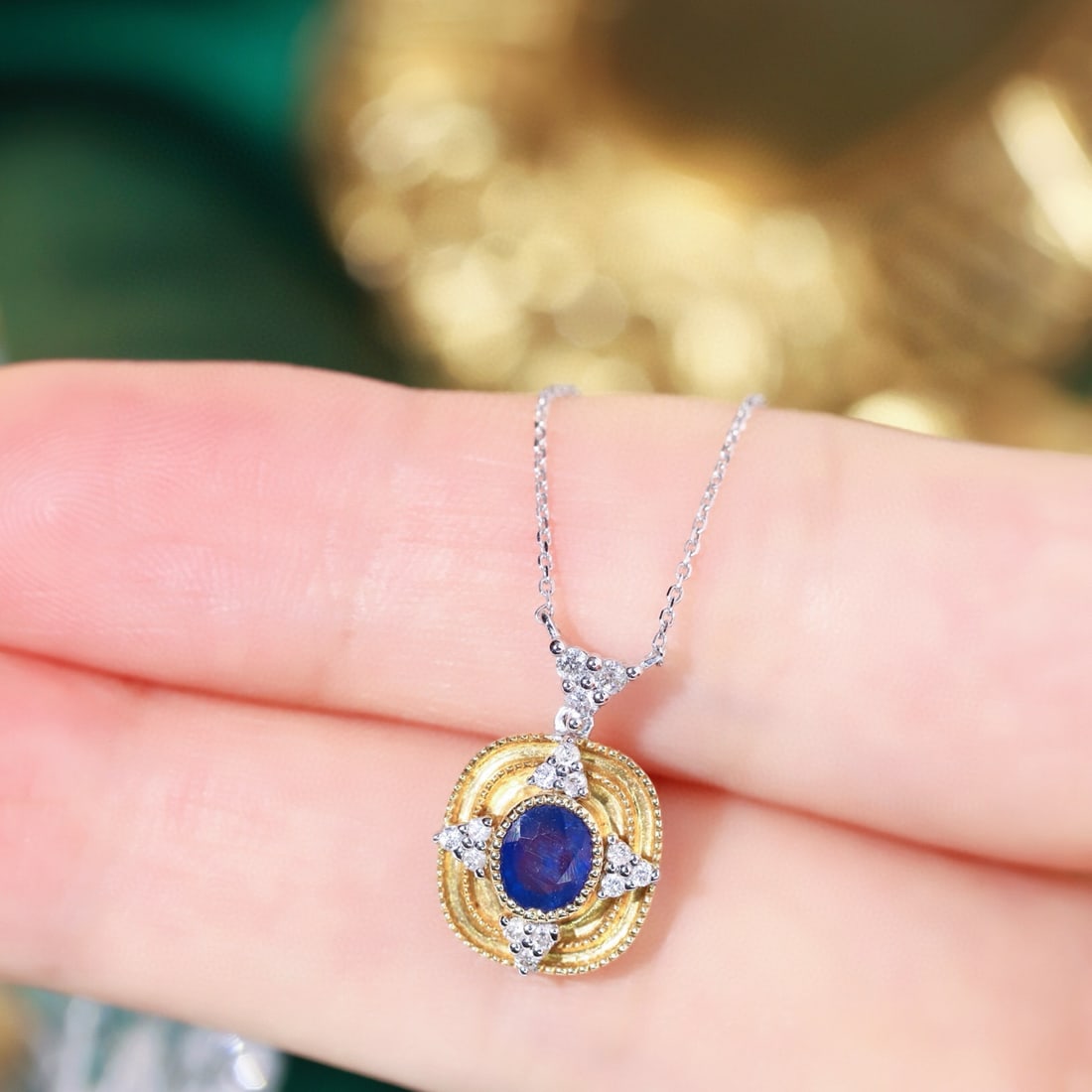 14k Gold 0.62 Ctw Natural Sapphire & Diamond Necklace - 4