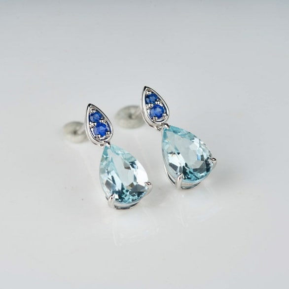 14k Gold 3.66 Ct Natural Aquamarine & Sapphire Earrings - 3