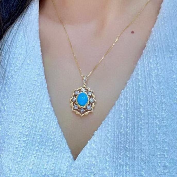 14k Gold 2.48 Ctw Natural Blue Turquoise & Diamond Pendant( Without Chain ) - 4