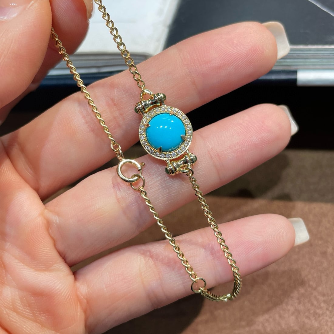 14k Gold 1.4 Ct Natural Blue Turquoise & Diamond & Emerald Bracelet - 2