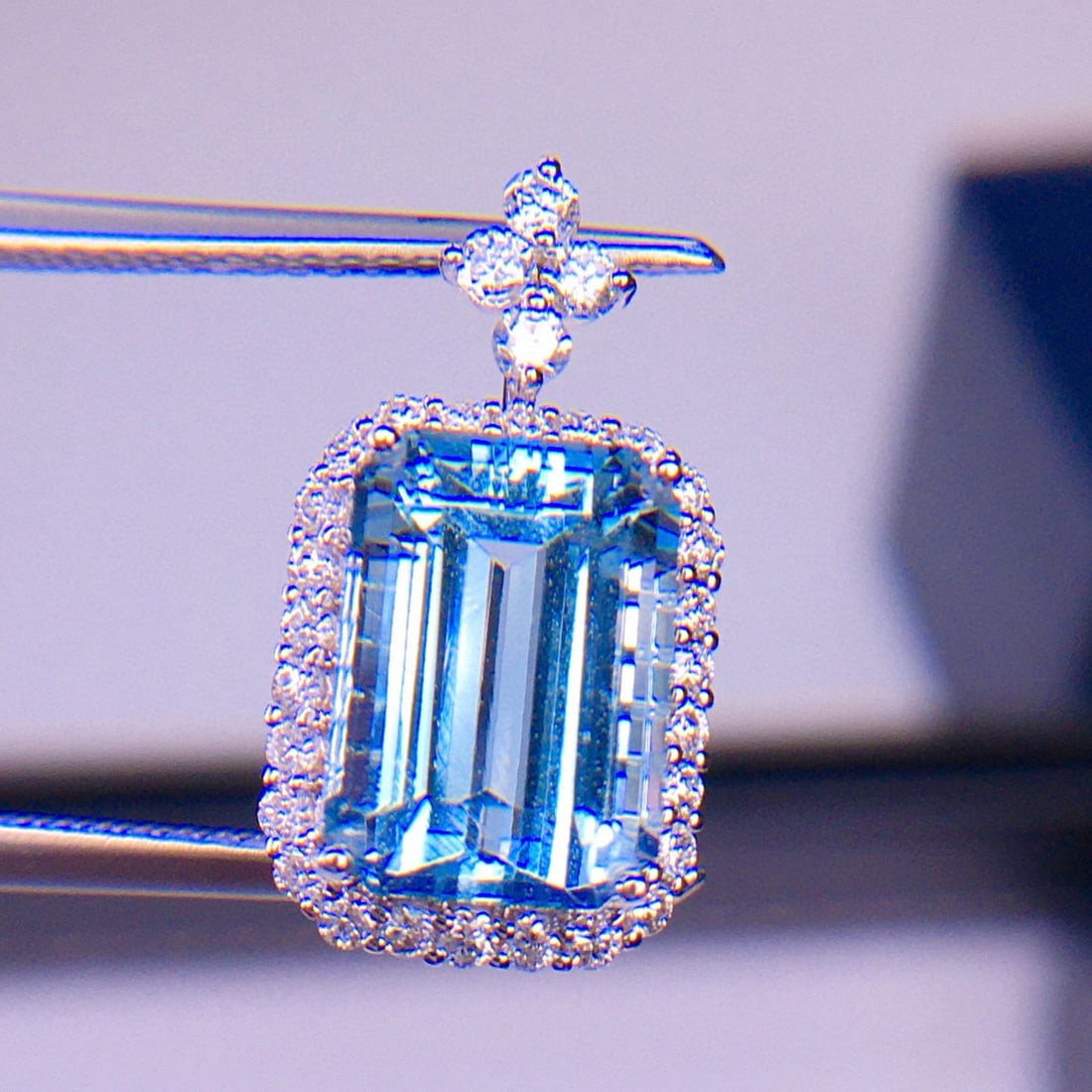 14k Gold 3.56 Ct Natural Aquamarine & Diamond Pendant( Without Chain ) - 3