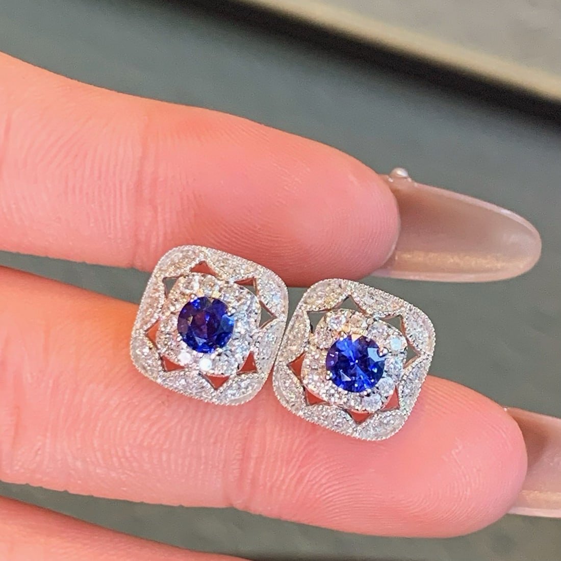 14k Gold 1.41 Ctw Natural Sapphire & Diamond Earrings - 5