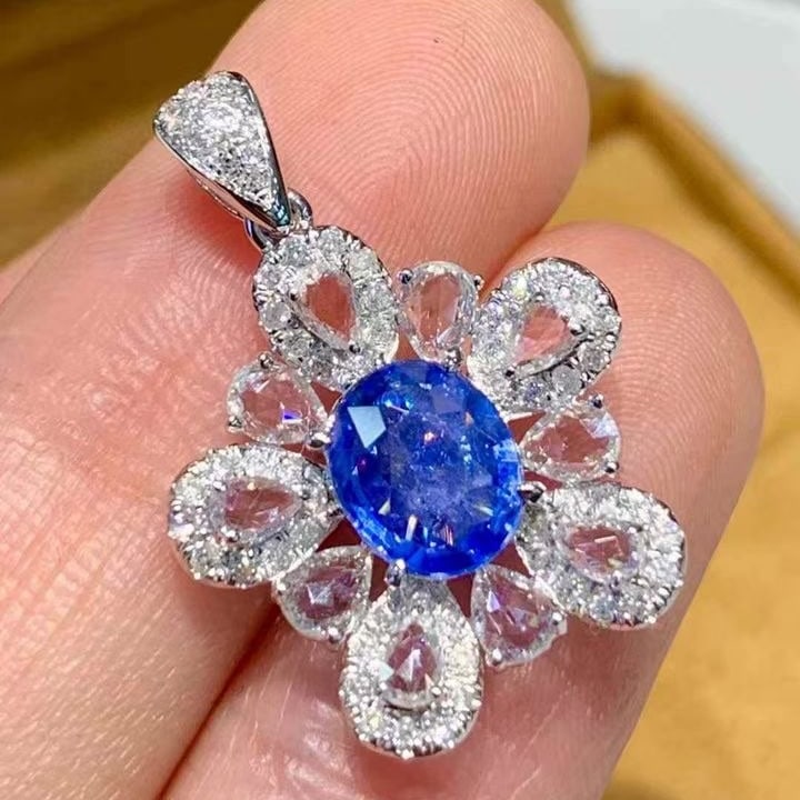 14k Gold 1.2 Ct Natural Sapphire & Diamond & Sapphire Pendant( Without Chain ) - 2