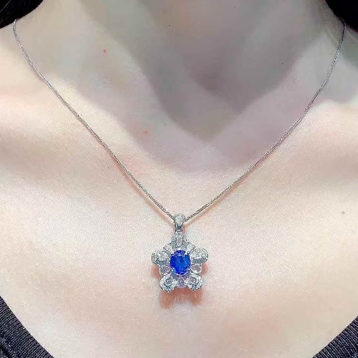 14k Gold 1.2 Ct Natural Sapphire & Diamond & Sapphire Pendant( Without Chain ) - 3