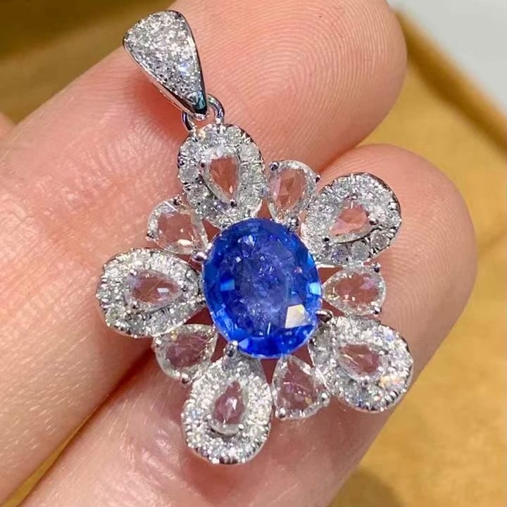 14k Gold 1.2 Ct Natural Sapphire & Diamond & Sapphire Pendant( Without Chain ) - 4