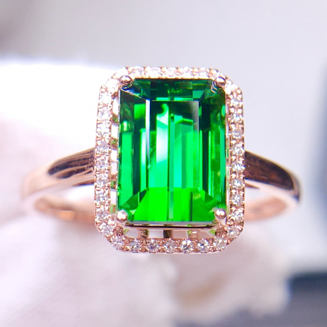 14k Gold 2.3 Ct Natural Tourmaline & Diamond Ring: Ref:231139199 // gold content:14k gold // ring size:7. 25us // // main gemstone:tourmaline // shape:octagonal // carat weight:2. 3ct // color:green // treatment:natural // // adjacent gemstone 2 :