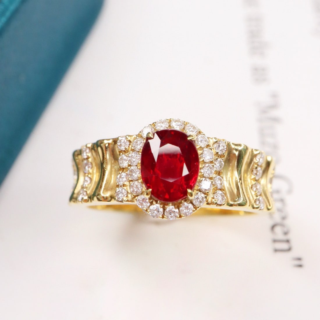 14k Gold 1.51 Ctw Vivid Red Natural Ruby & Diamond Ring: Ref:231139215 // gold content:14k gold // ring size:7. 25us // // main gemstone:ruby // shape:oval // carat weight:1. 18ct // color:vivid red // treatment:natural // // adjacent gemstone 2 : diamond /