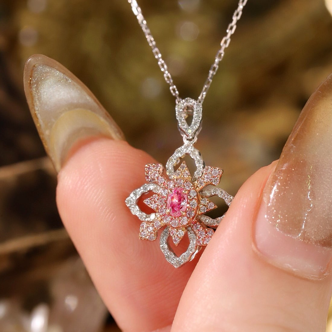 14k Gold 0.40 Ctw Natural Pink Diamond & Diamond Necklace - 5