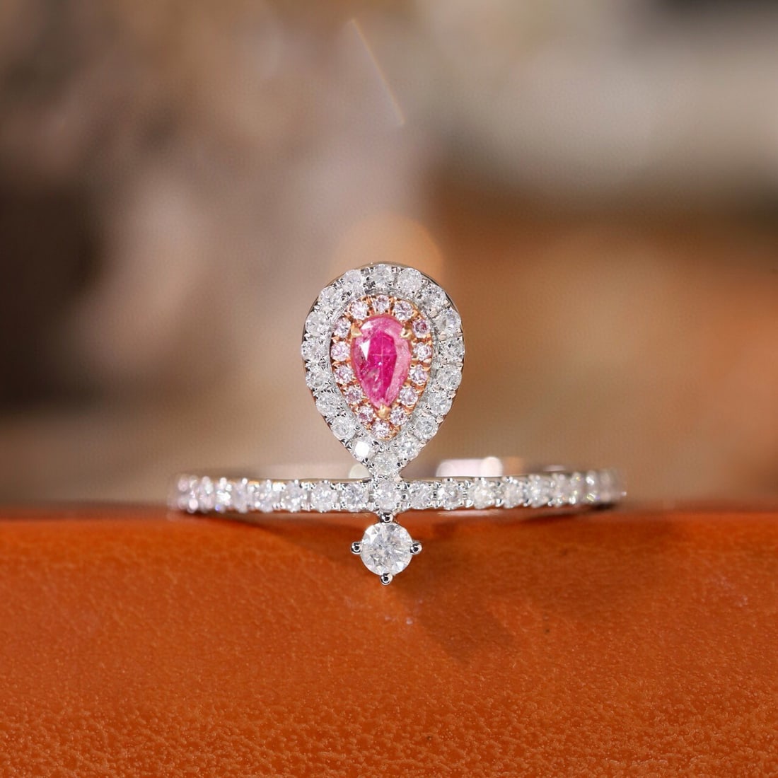 14k Gold 0.45 Ctw Natural Pink Diamond & Diamond Ring: Ref:231139229 // gold content:14k gold // ring size:7. 25us // // main gemstone:pink diamond // shape:pear // carat weight:0. 10ct // color:pink // treatment:natural // // adjacent gemstone 2 :
