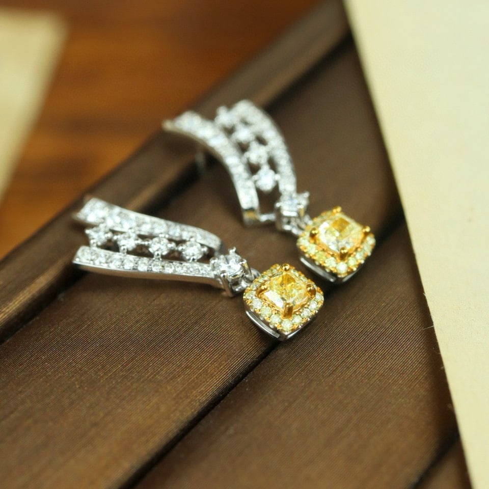 14k Gold 1.02 Ctw Natural Yellow Diamond & Diamond Earrings - 2