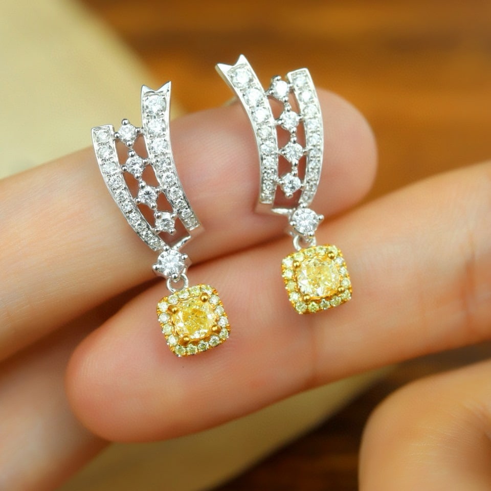 14k Gold 1.02 Ctw Natural Yellow Diamond & Diamond Earrings - 3