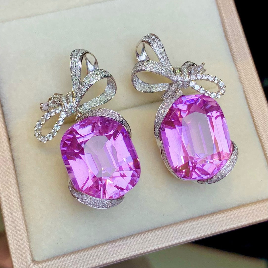 14k Gold 39.2 Ct Natural Kunzite & Diamond & Sapphire Earrings - 2
