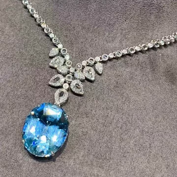 14k Gold 7.05 Ct Natural Aquamarine & Diamond & Sapphire Necklace - 2