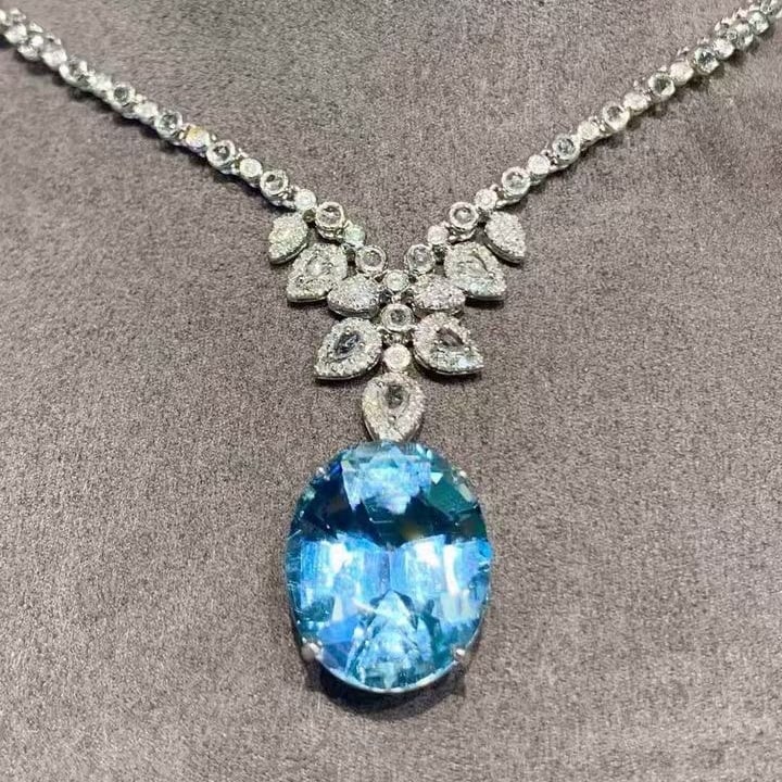 14k Gold 7.05 Ct Natural Aquamarine & Diamond & Sapphire Necklace - 3