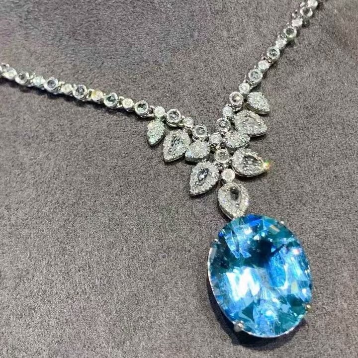 14k Gold 7.05 Ct Natural Aquamarine & Diamond & Sapphire Necklace - 4