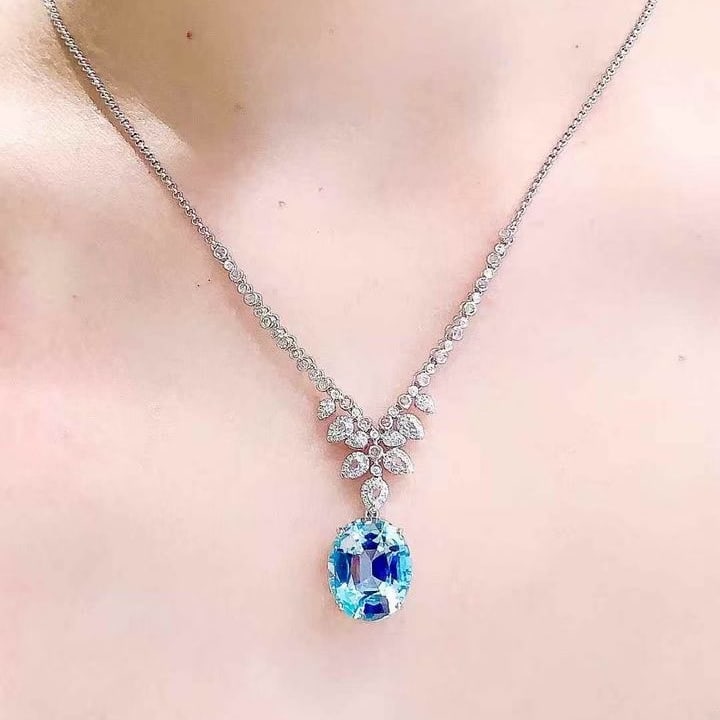 14k Gold 7.05 Ct Natural Aquamarine & Diamond & Sapphire Necklace - 6